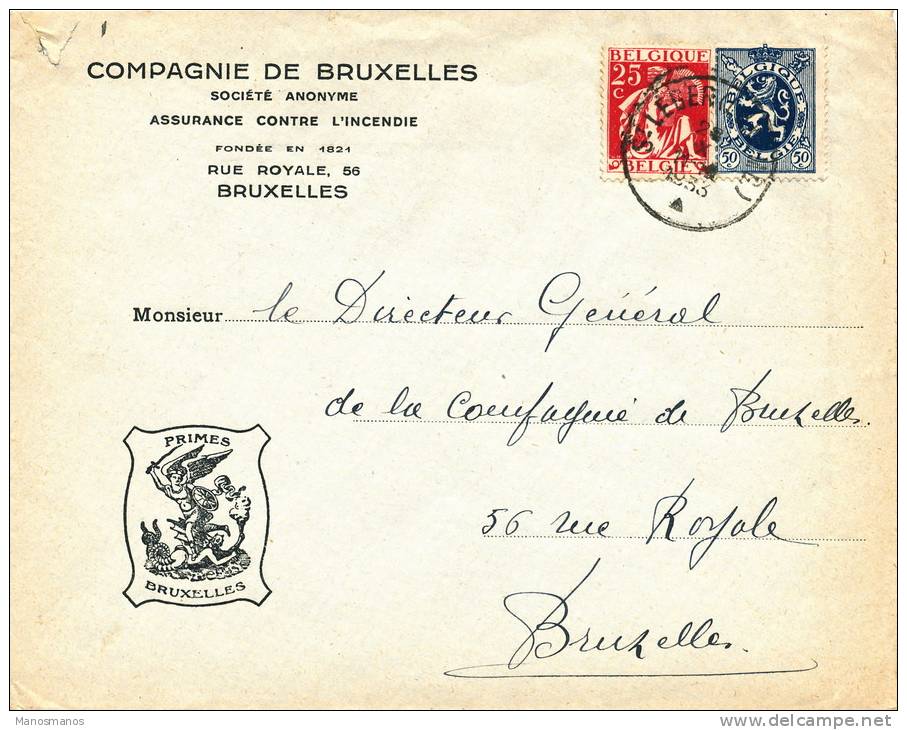 492/20 - Lettre TP Cérès Et Lion Héraldique ST LEGER Luxembourg 1933 Vers BXL - Entete Cie D' Assurances - 1932 Cérès Et Mercure