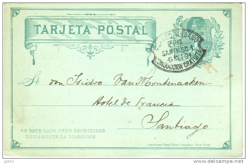 Entier Avec Cachet Corrreo Urbano Conduccion Gratuita Du 6 Sep 1891 Sur Convocation De La Société Belge De Bienfaisance - Chili