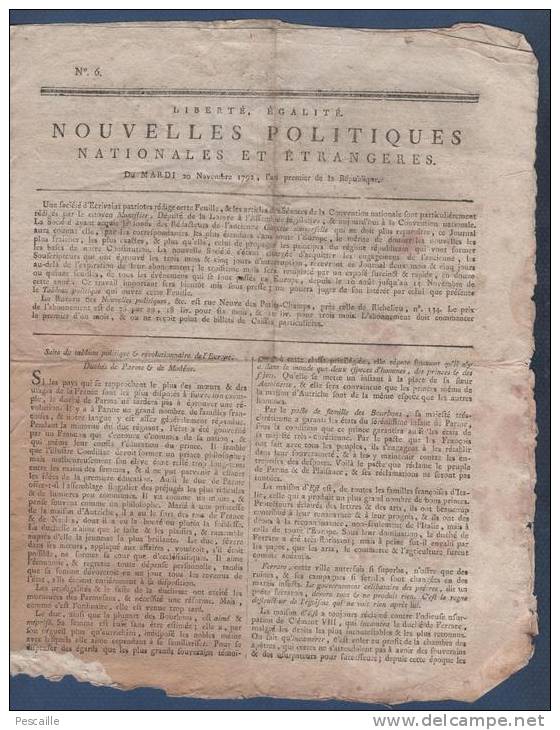 NOUVELLES POLITIQUES 20 11 1792 - PARME MODENE - MARTINIQUE - RATISBONNE - LUXEMBOURG - BRABANT - TABAGO - BERGZBON ... - Kranten Voor 1800