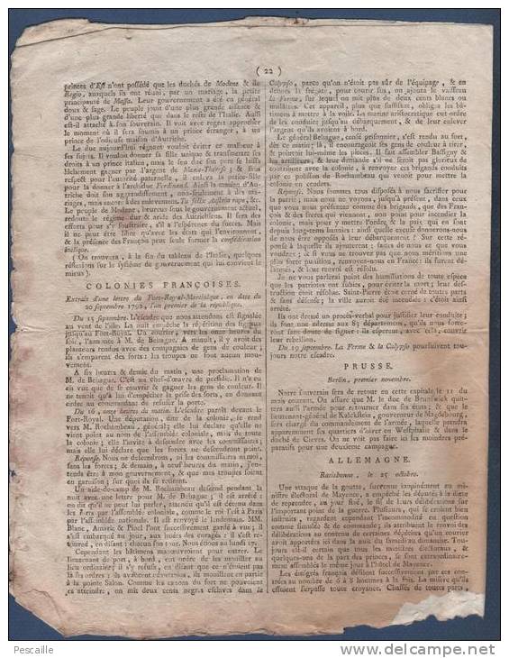 NOUVELLES POLITIQUES 20 11 1792 - PARME MODENE - MARTINIQUE - RATISBONNE - LUXEMBOURG - BRABANT - TABAGO - BERGZBON ... - Zeitungen - Vor 1800