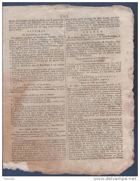 NOUVELLES POLITIQUES 20 11 1792 - PARME MODENE - MARTINIQUE - RATISBONNE - LUXEMBOURG - BRABANT - TABAGO - BERGZBON ... - Kranten Voor 1800