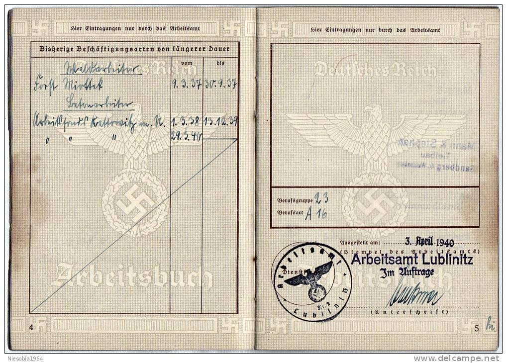 WW 2 - Nazi Germany - Deutsches Reich Arbeitsbuch - Arbeitsamt Lublinitz 03.04.1940 - Livret de travail - Work book