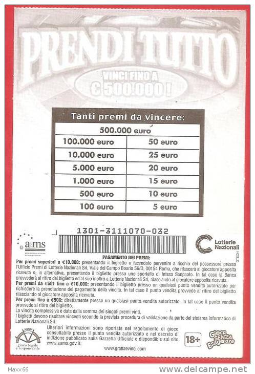 ITALIA - ITALY - LOTTERIA ISTANTANEA - LOTTERY TICKET - GRATTA E VINCI - PRENDI TUTTO  - € 5,00 - Biglietti Della Lotteria