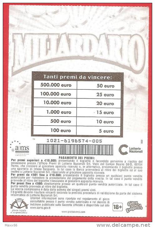 ITALIA - ITALY - LOTTERIA ISTANTANEA - LOTTERY TICKET - GRATTA E VINCI - MILIARDARIO  - € 5,00 - Lottery Tickets