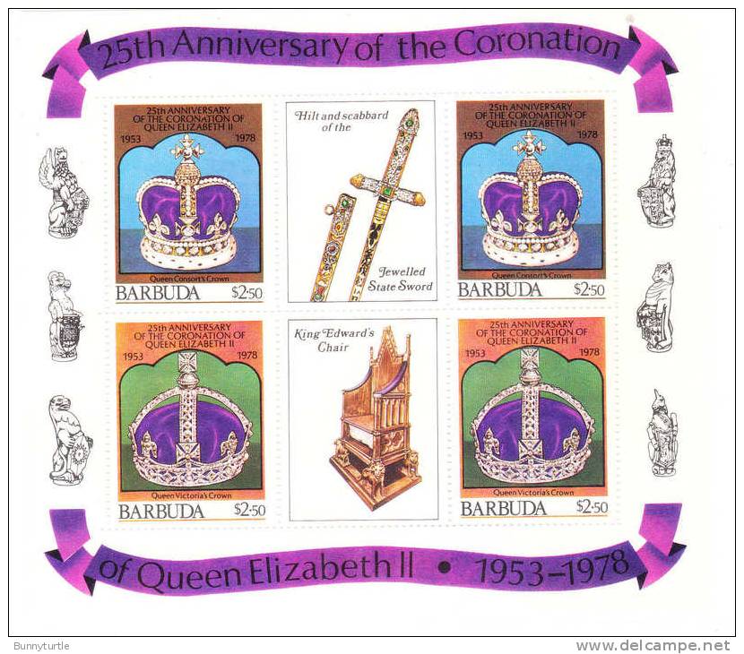 Barbuda 1978 Coronation Of QE II Anniversary Miniature Sheet 2 Scans MNH - Barbuda (...-1981)