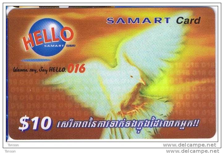 Cambodia, Hello SAMART Card, $10, Dove, Bird, 2 Scans. - Camboya