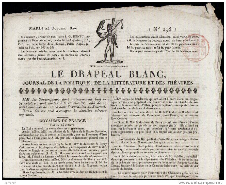 JOURNAL " LE DRAPEAU BLANC " DATE DU 24 OCTOBRE 182O _ DOUBLE FEUILLET IMPRIME - Revues Anciennes - Avant 1900