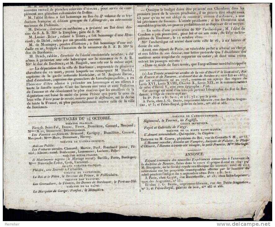 JOURNAL " LE DRAPEAU BLANC " DATE DU 24 OCTOBRE 182O _ DOUBLE FEUILLET IMPRIME - Revues Anciennes - Avant 1900