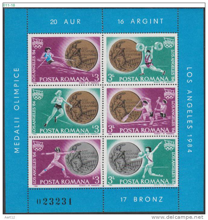 ROMANIA, 1984, Romanian Medalists, Summer Olympic Games, 2 Sheets, 6 Stamps/Sheet, MNH (**), Sc/Mi 3230-31 / Bl-209-210 - Ongebruikt