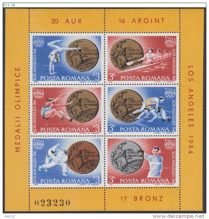 ROMANIA, 1984, Romanian Medalists, Summer Olympic Games, 2 Sheets, 6 Stamps/Sheet, MNH (**), Sc/Mi 3230-31 / Bl-209-210 - Nuevos