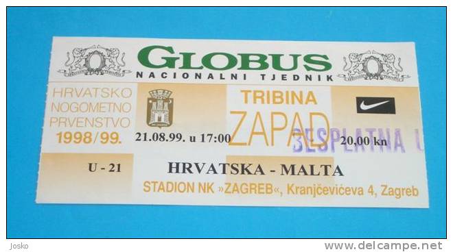 CROATIA V MALTA - 1999 UEFA EURO U-21 Qualif. Football Match Ticket * Soccer Fussball Futbol Futebol Calcio Foot Billet - Tickets D'entrée