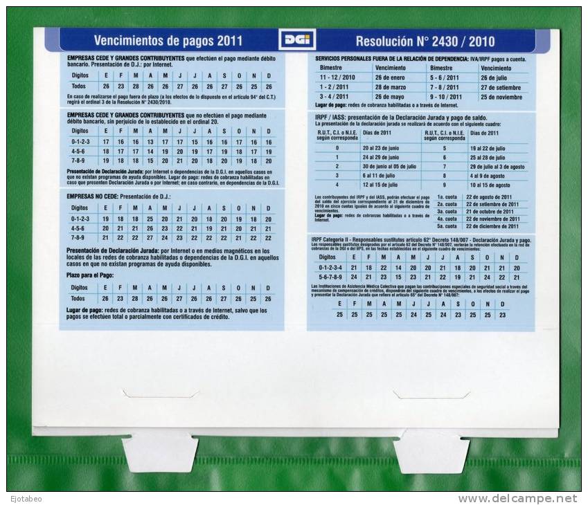 12-URUGUAY-2011-Calendario De Mesa De La  D.G.I.  Con Fechas De  Vtos. - Kalenders