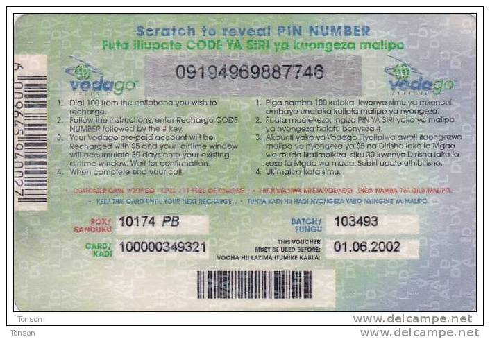 Tanzania, $5, Vodacom, GSM Recharge Voucher, 2 Scans. (01.06.2002) - Tanzania