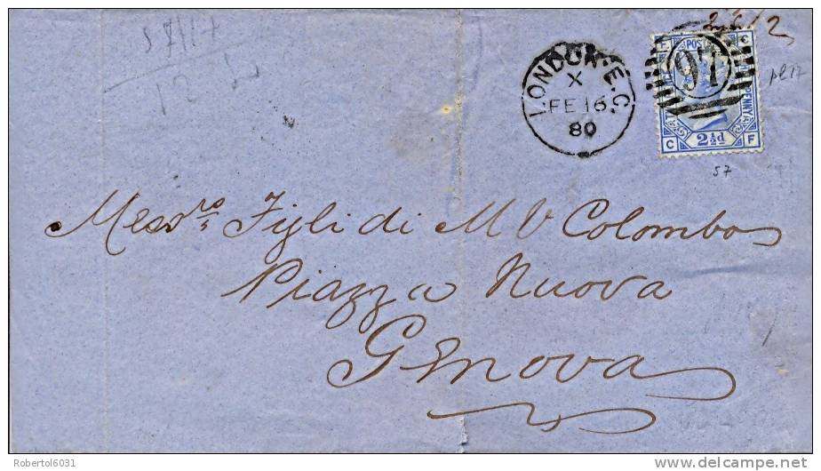 Great Britain 1880 Jacket Of Letter From London To Genoa (Italy) With 2 1/2 Pence Blue Plate 17 - Storia Postale