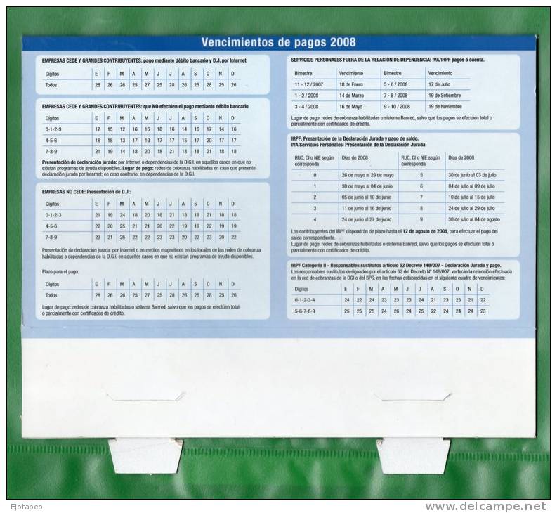 17-URUGUAY-2008-Calendari O De Mesa De La  D.G.I.  Con Fechas De  Vtos. - Calendari