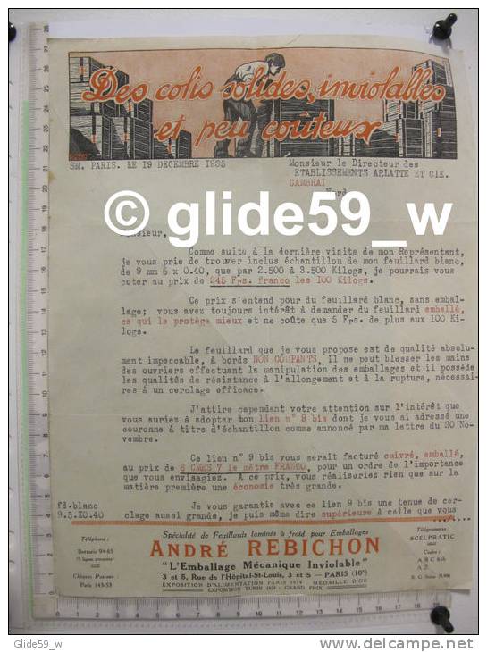 Facture André REBICHON - L'emballage Mécanique Inviolable - PARIS - 19 Décembre 1935 - Transportmiddelen