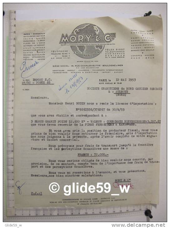 Facture MORY &amp; Cie - PARIS - 12 Mai 1953 - Transportmiddelen
