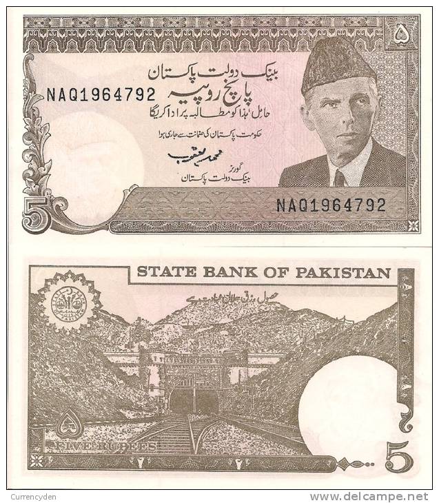 Pakistan P-28, 5 Rupee, Mohammed Aki Jinnah / Khajak Railroad Tunnell $4CV - Pakistán
