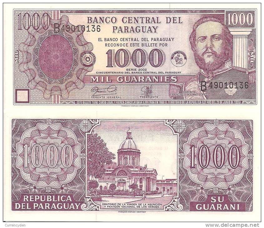 Paraguay P-221, 1000 Guarani,50th Anniv. Bank, National Shrine / Mariscal Lopez - Paraguay