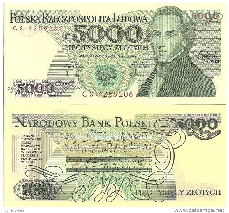 Poland P-150a, 5,000 Zlotych, Frédéric Chopin/ Music Score "Polonaise" $4CV - Poland