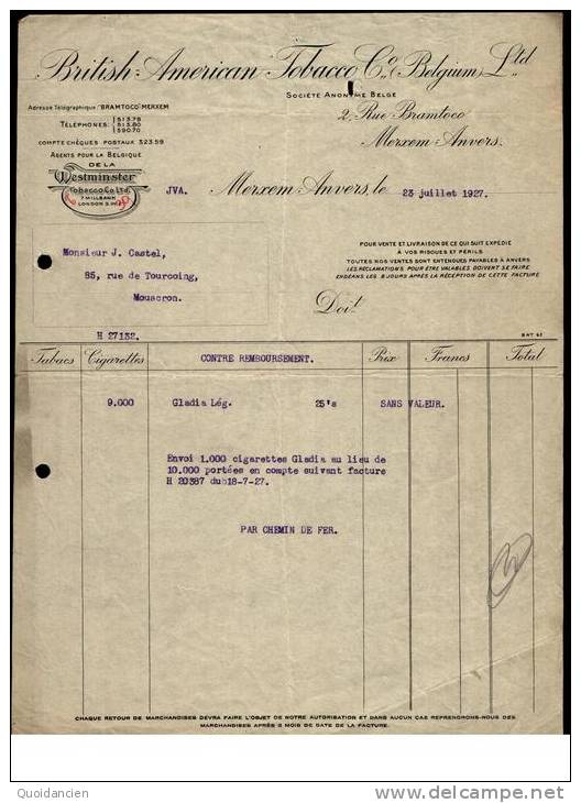 Entête 23/07/1927  -  MERXEM  ANVERS  -  Tabac  - Envoi De Cigarettes  -  Agents De La  WESTMINSTER  Tobacco - 1900 – 1949
