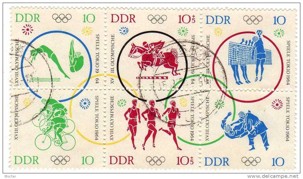 Springreiter Olympia Tokio 1964 DDR 1039/4,12ZD Plus 6-Block O 422€ Judo Radrennen Volleyball Sport Se-tenant Of Germany - Se-Tenant