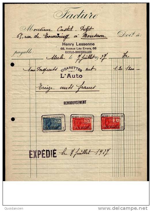 Entête 07/07/1927  -  UCCLE  BRUXELLES  -  H.  LESSENNE  Cigarettes  " L'  AUTO "  -  Facture  -  MOUSCRON - 1900 – 1949
