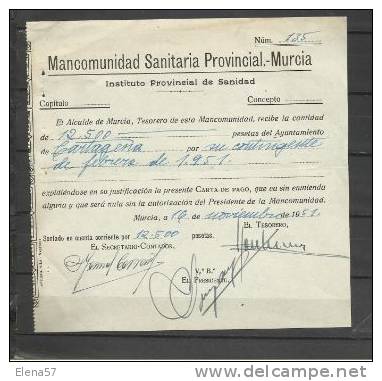 E18A- DOUCMENTO MURCIA CARTAGENA AÑO 1951 MANCOMUNIDAD SANITARIA PROVINCIAL - Spanien