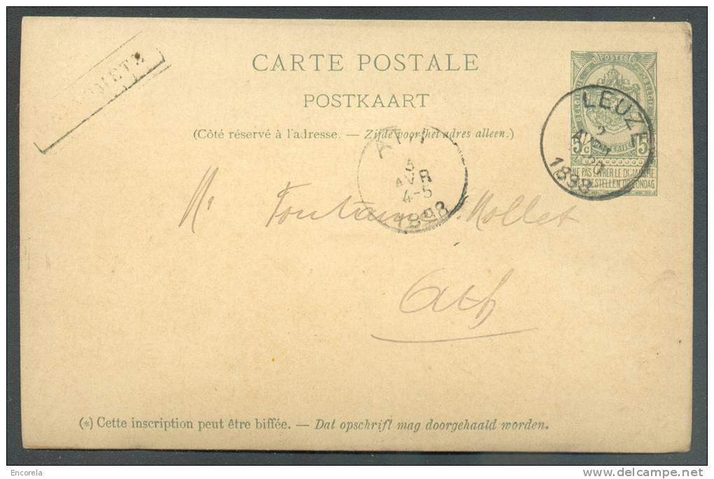 EP Carte 10 Centimes Armoirie Obl. Sc LEUZE 2 Avril 1898 + Griffe Encadrée D´origine De GRANDMETZ  Vers Ath.  Rare - 849 - Linear Postmarks