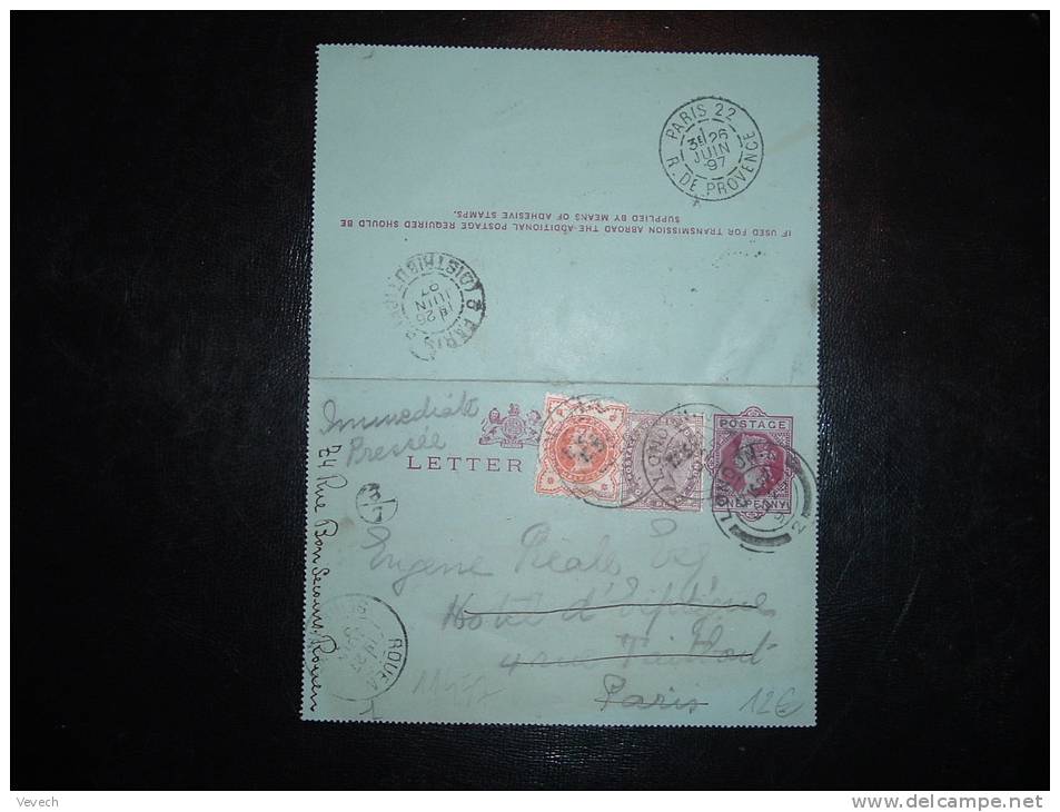 CL ENTIER 1P + TP 1P + 11/2P POUR LA FRANCE OBL. JU 25  97 LONDON . N 2 - Lettres & Documents