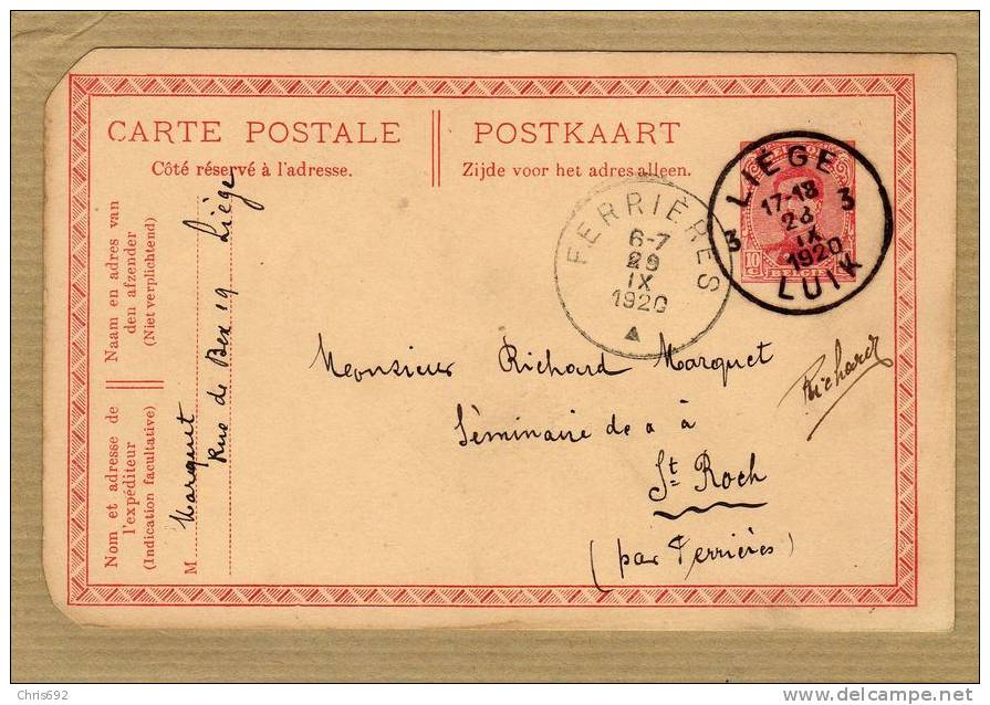 Carte Entier Postal Stationary Ganzsache Card Postcard Albert 1er Liège Luik Ferrières - Cartes Postales 1909-1934