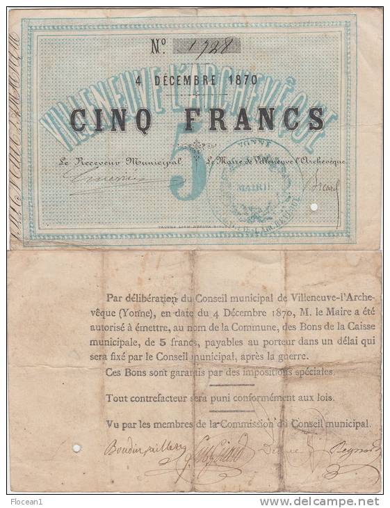 RARE **** 5 FRANCS 4 DECEMBRE 1870 - VILLENEUVE L'ARCHEVEQUE (YONNE) **** EN ACHAT IMMEDIAT !!! - ...-1889 Anciens Francs Circulés Au XIXème