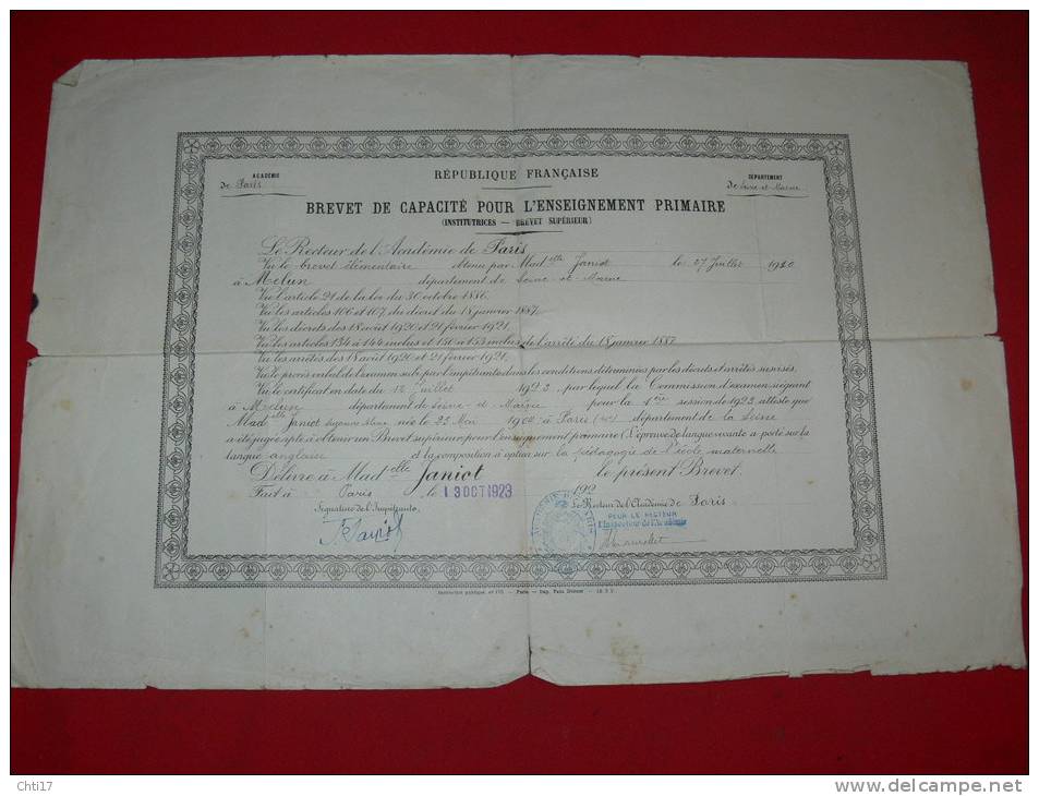 MELUN DIPLOME BREVET DE CAPACITE POUR ENSEIGNEMENT PRIMAIRE  1923 METIER INSTITUTEUR PROFESSEUR - Diplome Und Schulzeugnisse