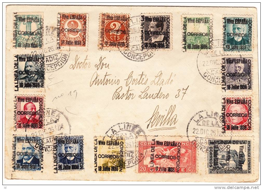 SPAIN COVER 1926 WITH PATRIOTICOS SET LA LINEA DE LA CONCEPTION TO SEVILLA - Nationalistische Ausgaben