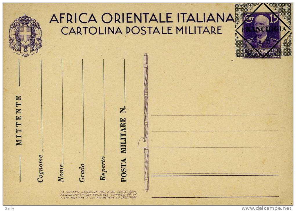 FRANCHIGIA MILITARE AFRICA ORIENTALE ITALIANA SOPRASTAMPATA 1941 NUOVA - Franchise