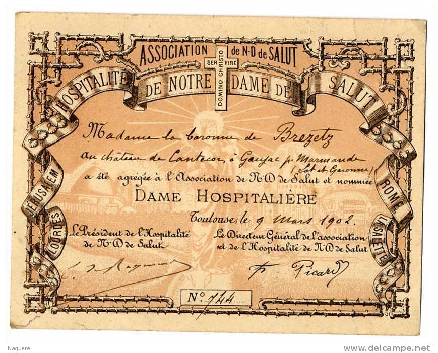 ASSOCIATION DE N D DE SALUT  -  DAME HOSPITALIERE  TOULOUSE 1902  EXTRAITS DES STATUTS - Croix-Rouge