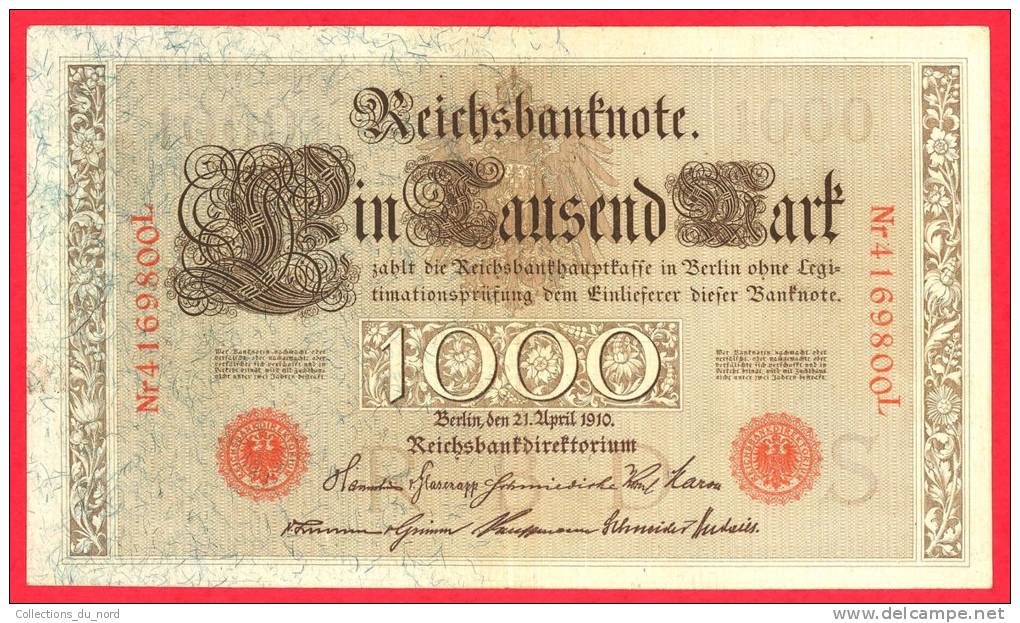 Germany  -  1000 Marks - Red Seal - Large Banknote - 1910 / Papier Monnaie - Billet Allemagne - 1.000 Mark