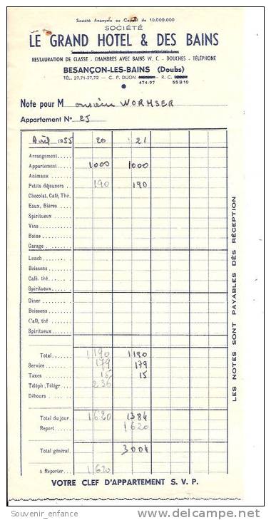Facture Besançon Les Bains 25 Doubs Le Grand Hôtel Et Les Bains Restaurant - Sports & Tourism