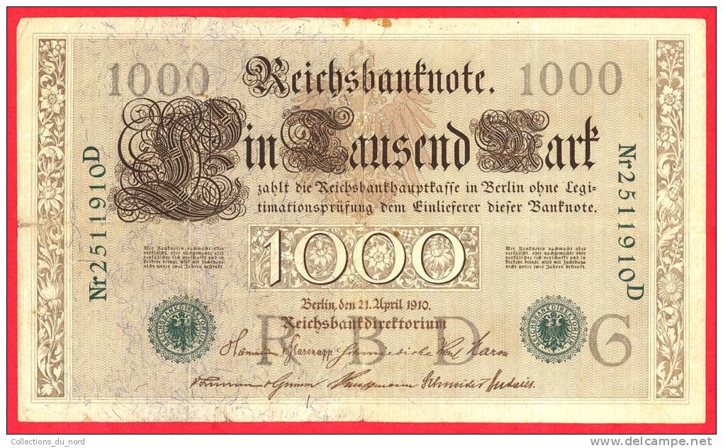 Germany  -  1000 Marks - Green Seal - Large Banknote - 1910 / Papier Monnaie - Billet Allemagne - 1.000 Mark