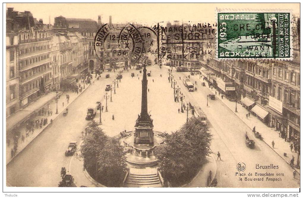 Bruxelles-1934- Place De Brouckère Vers Le Boulevard Anspach-Camion-Tram-Timbre COB386- Le Palais Du Congo-Expo. 1935 - Squares