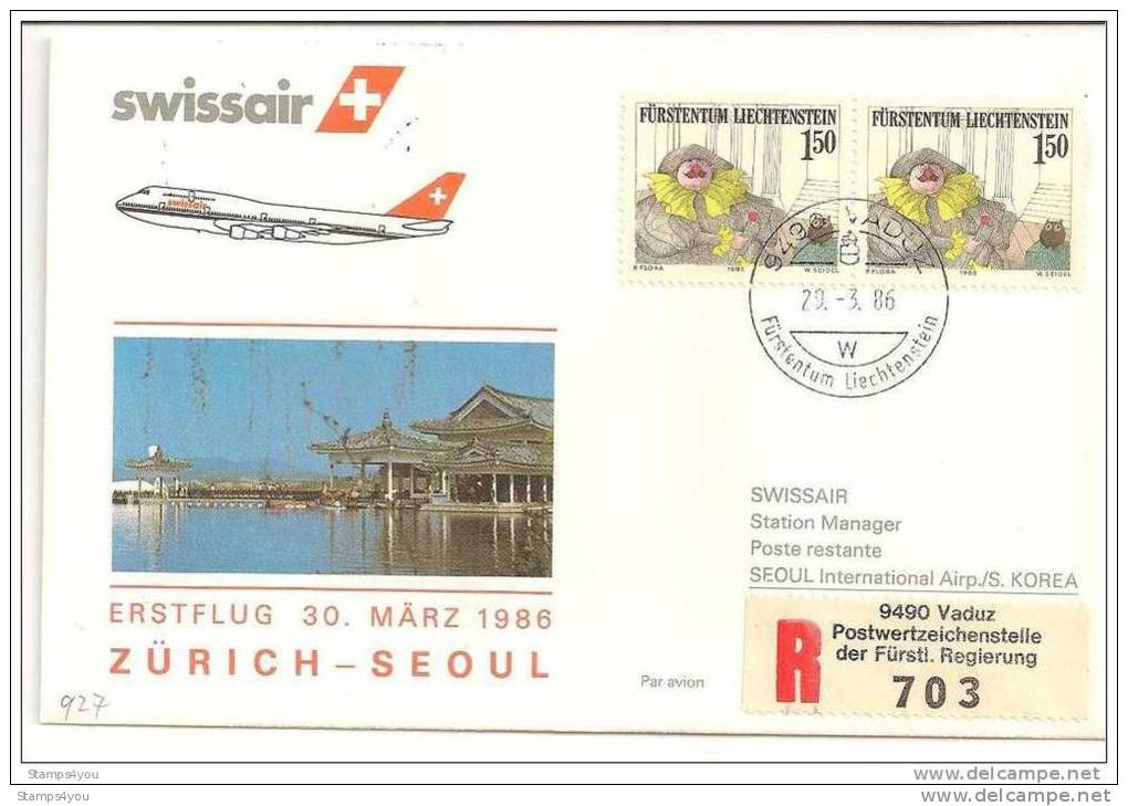 FL - 16015 - Enveloppe 1er Vol Swissair Zurich- SEoul B747 1986 - Korea (Zuid)