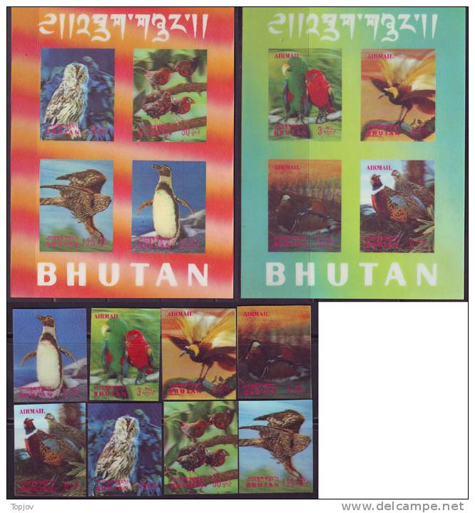 BHUTAN -  BIRDS  3D - OWLS, EAGLE, PENGUINS, PARADIS ++ - **MNH - 1969 - RARE COMPLET - Bhutan
