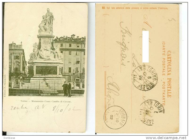 Torino: Monumento Conte Camillo Di Cavour. Cartolina Fp Viag. 1902 Animata Timbro Ambulante Torino-Modane Dest. Brignais - Other Monuments & Buildings