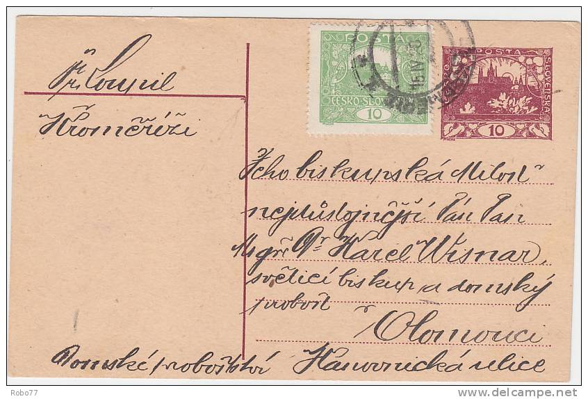 1920 Czechoslovakia Postal Stationery, Card. CDV 10. Kromeriz 15.IV.20.  (A05219) - Postales