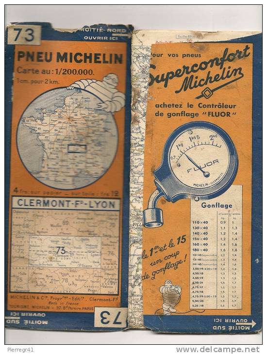 CARTE-ROUTIERE-MICHELIN-1933--N°73-N°3337-97-CLERMONT-FD-LYON-PA S  DECHIREE-COUVERTURE-AR DECOUPEE-CARTE -TBE - Cartes Routières