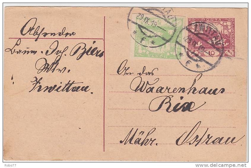 1919 Czechoslovakia Postal Stationery, Card. CDV 10. Zwittau 29.IX.19.  (A05223) - Postales