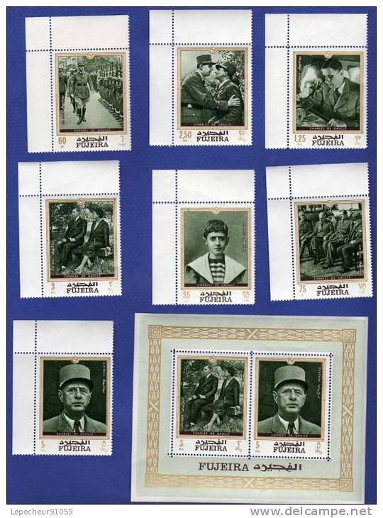 Fujeira - Charles De Gaulle ** Le Bloc  Et 7 Timbres Coin De Feuille ** - Fujeira