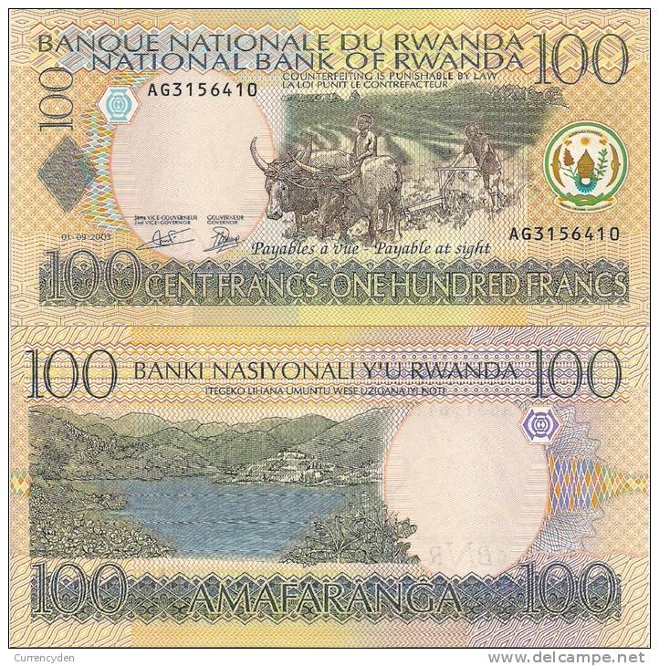 Rwanda P-29, 100 Francs, Plow W/oxen / Kiwu Lake At Kibuye - Rwanda