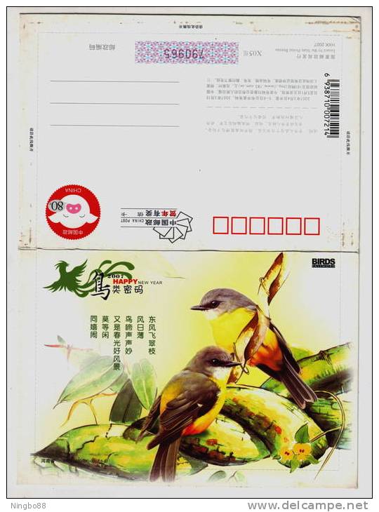 Bird Password,Rare Bird,China 2007 Henan New Year Greeting Pre-stamped Letter Card - Swallows