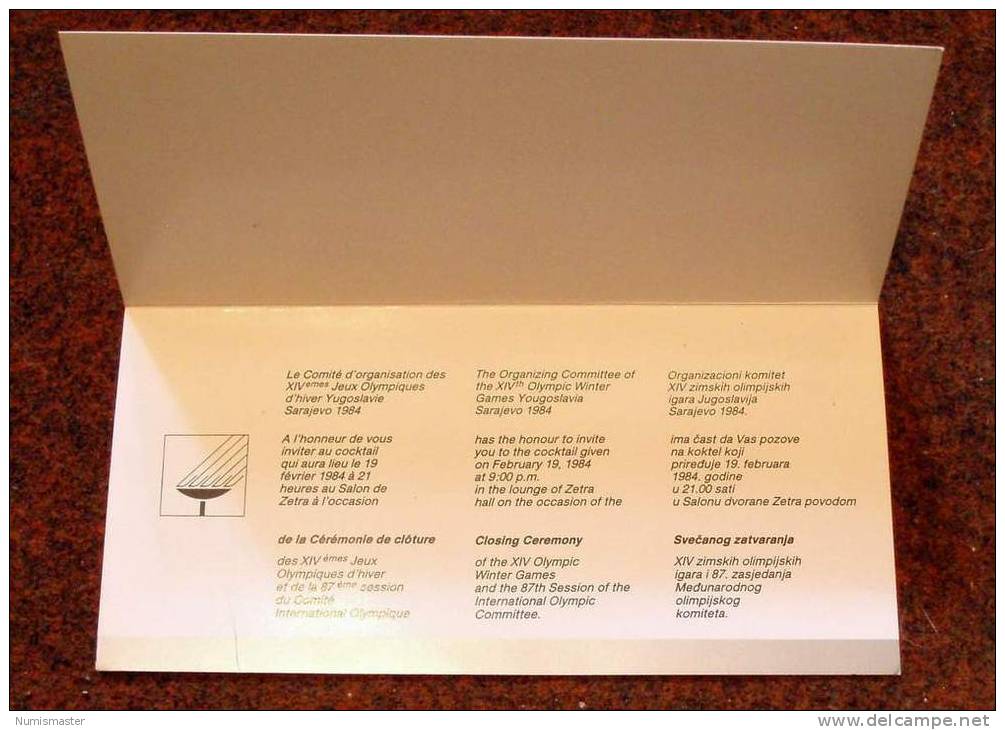 OLYMPIADE SARAJEVO 1984 , INVITING CARD FOR THE CLOSING CEREMONY COCTAIL - Habillement, Souvenirs & Autres